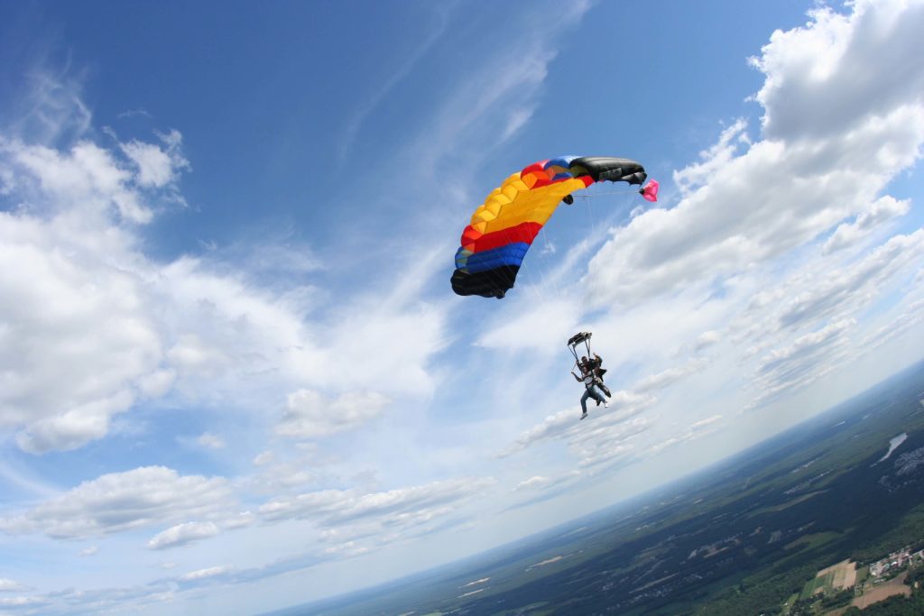 Tandem skydivers glide with the parachute.